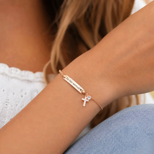 Damen Schildarmband 925 Sterling Silber rotgoldvergoldet Kreuz Zirkonia gravierbar - 16cm