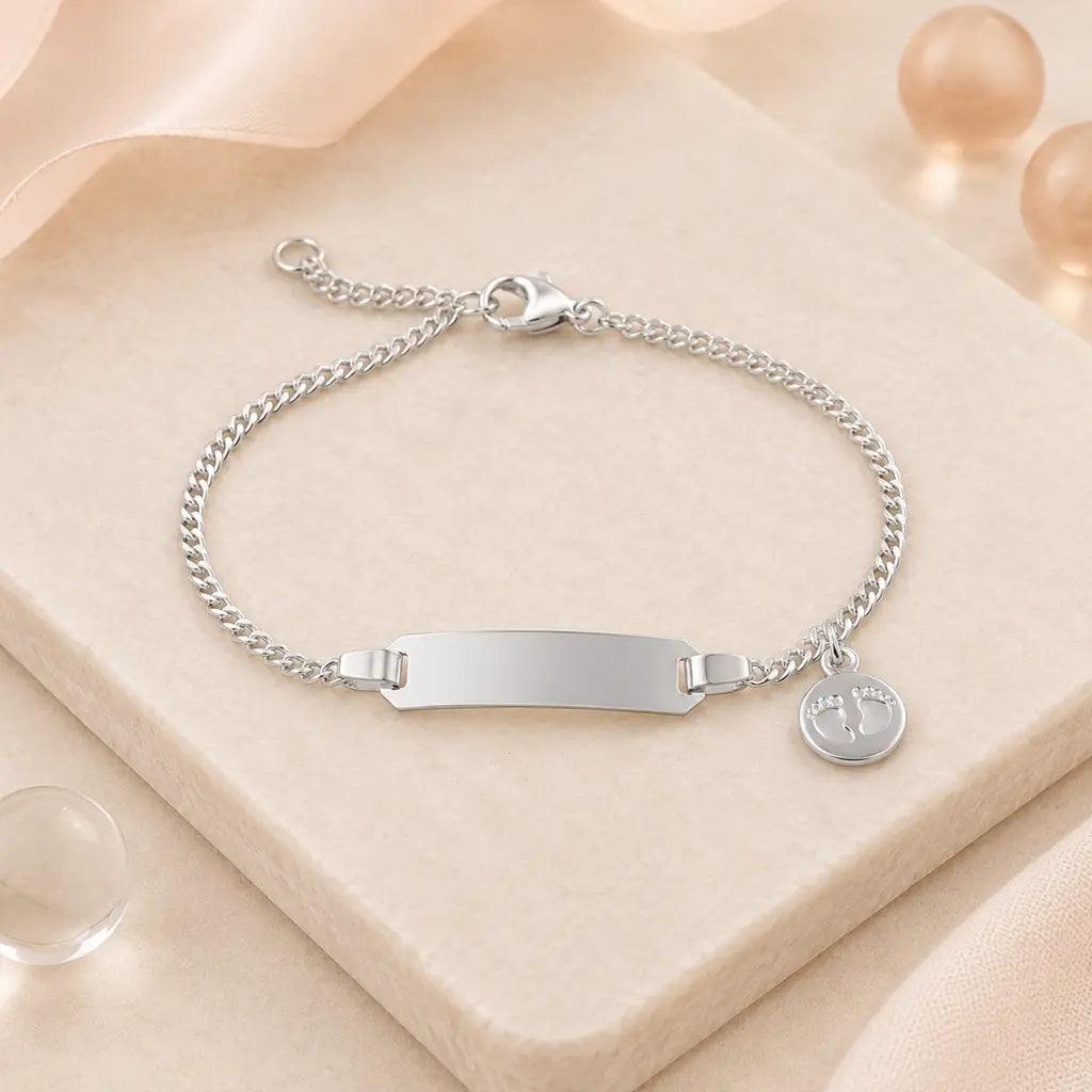 Baby Kinder Schildarmband mit Babyfüße 925 Silber gravierbar - Panzerarmband 14cm
