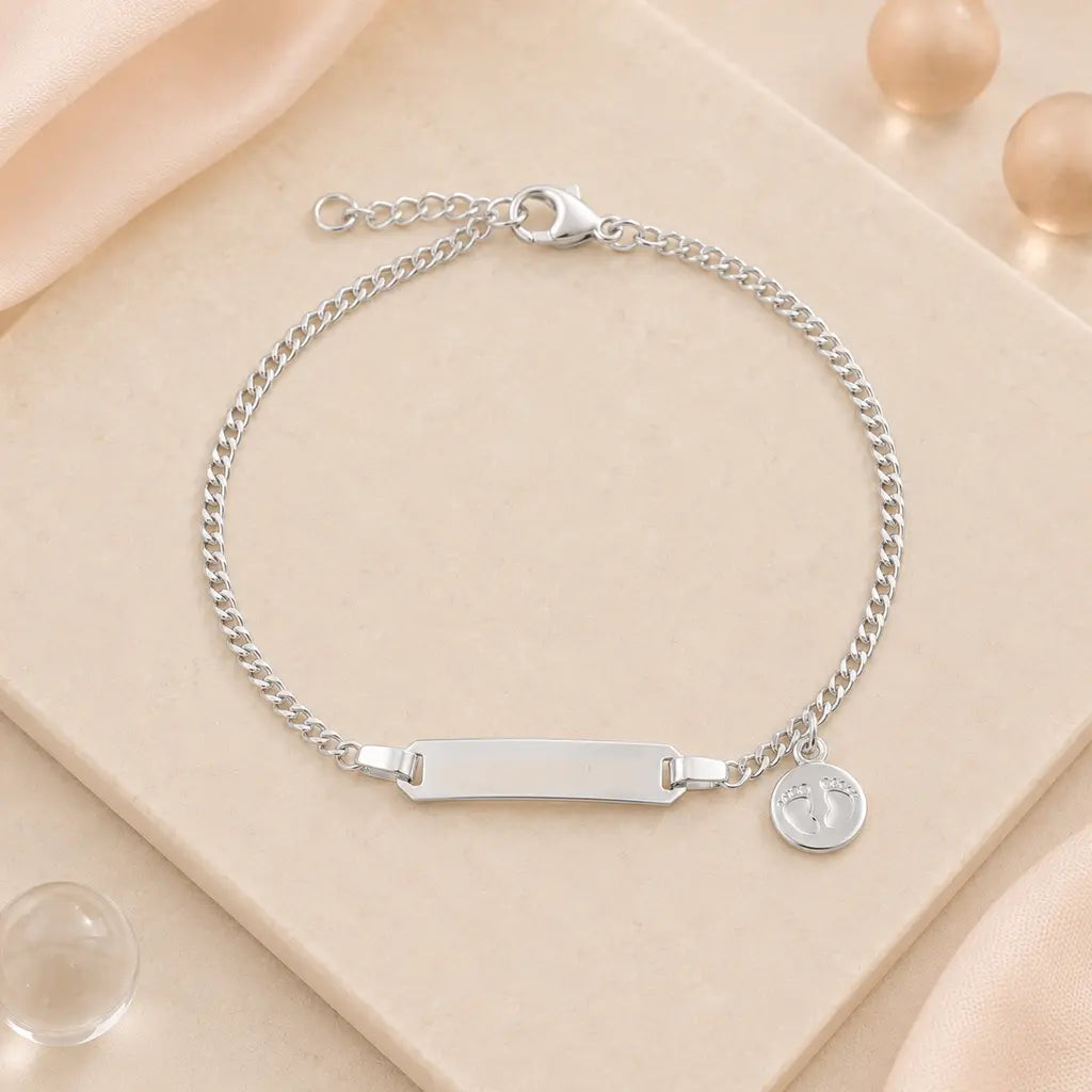 Baby Kinder Schildarmband mit Babyfüße 925 Silber gravierbar - Panzerarmband 14cm