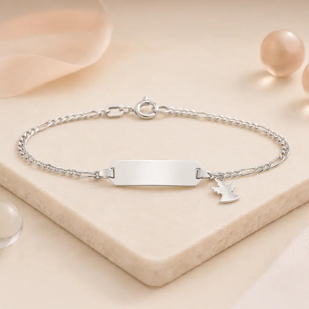 ID-Schildarmband Kinder mit Engel 925 Silber gravierbar - Figarokette 14cm - Made in Germany
