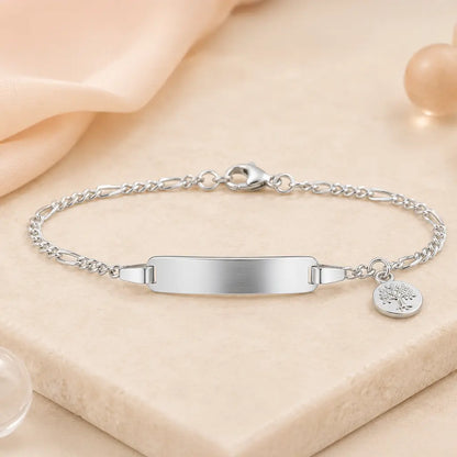 Baby Kinder Schildarmband mit Lebensbaum 925 Silber gravierbar - Figaroarmband 14cm