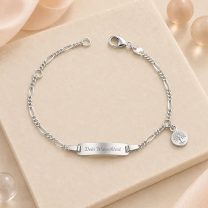 Baby Kinder Schildarmband mit Lebensbaum 925 Silber gravierbar - Figaroarmband 14cm