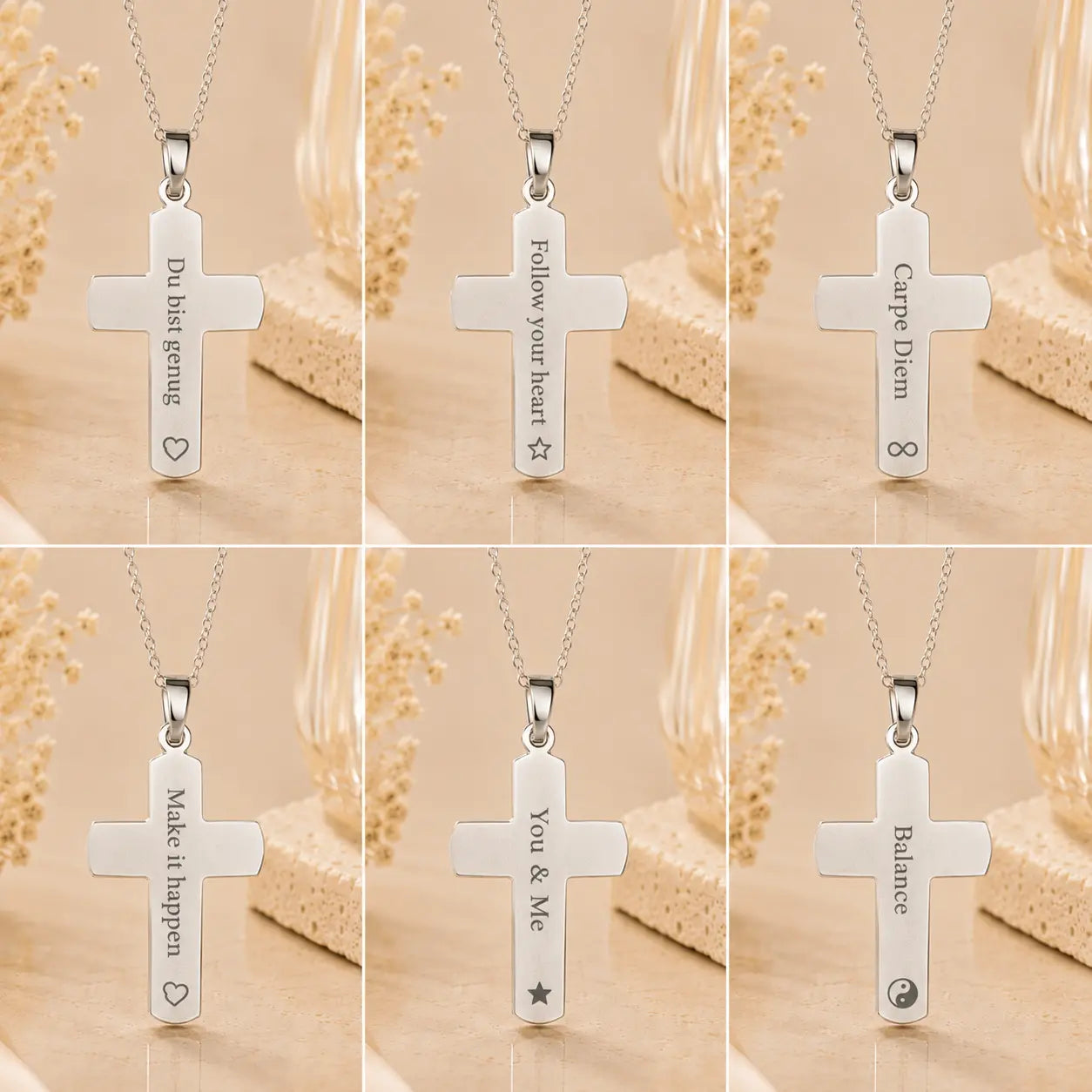 Kreuz Anhänger Damen 925 Sterling Silber diamantiert und gehämmert - gravierbar mit optionaler Kette 45cm