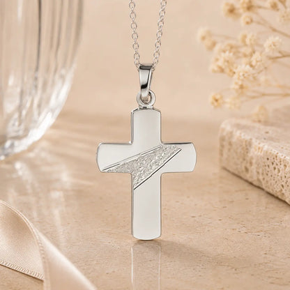 Kreuz Anhänger Damen 925 Sterling Silber diamantiert und gehämmert - gravierbar mit optionaler Kette 45cm