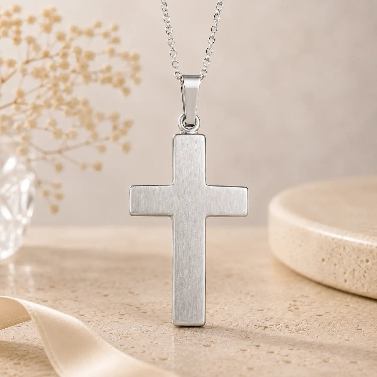 Kreuz Anhänger Damen 925 Sterling Silber teilmattiert - gravierbar mit optionaler Ankerkette 45cm