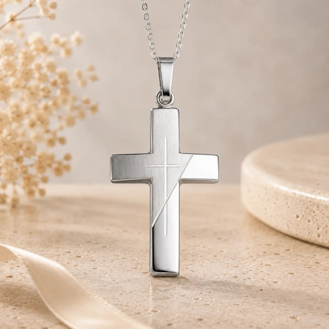 Kreuz Anhänger Damen 925 Sterling Silber teilmattiert - gravierbar mit optionaler Ankerkette 45cm