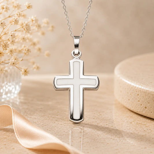 Kreuz Anhänger Damen 925 Sterling Silber weißer Lack - gravierbar mit optionaler Ankerkette 45cm
