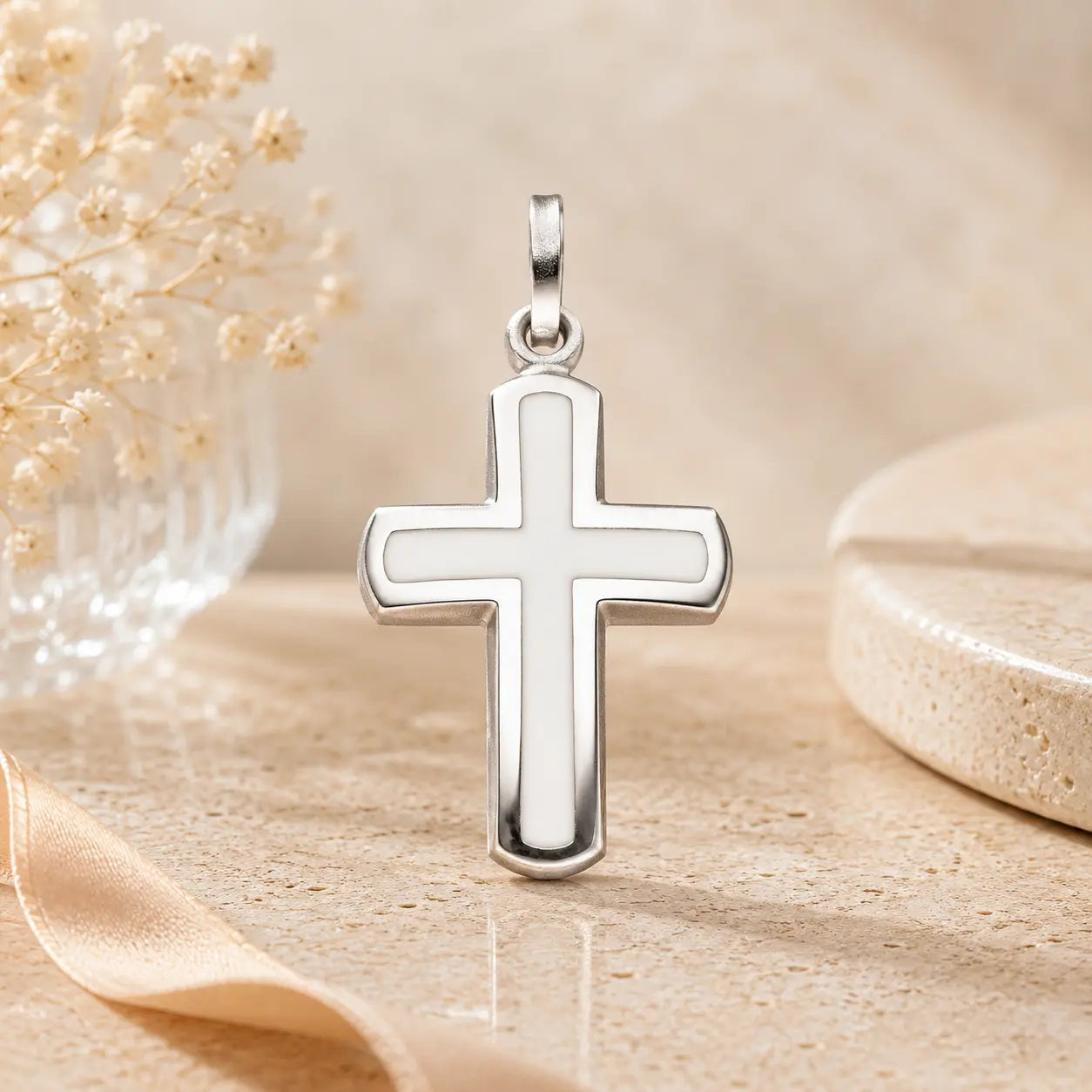 Kreuz Anhänger Damen 925 Sterling Silber weißer Lack - gravierbar mit optionaler Ankerkette 45cm