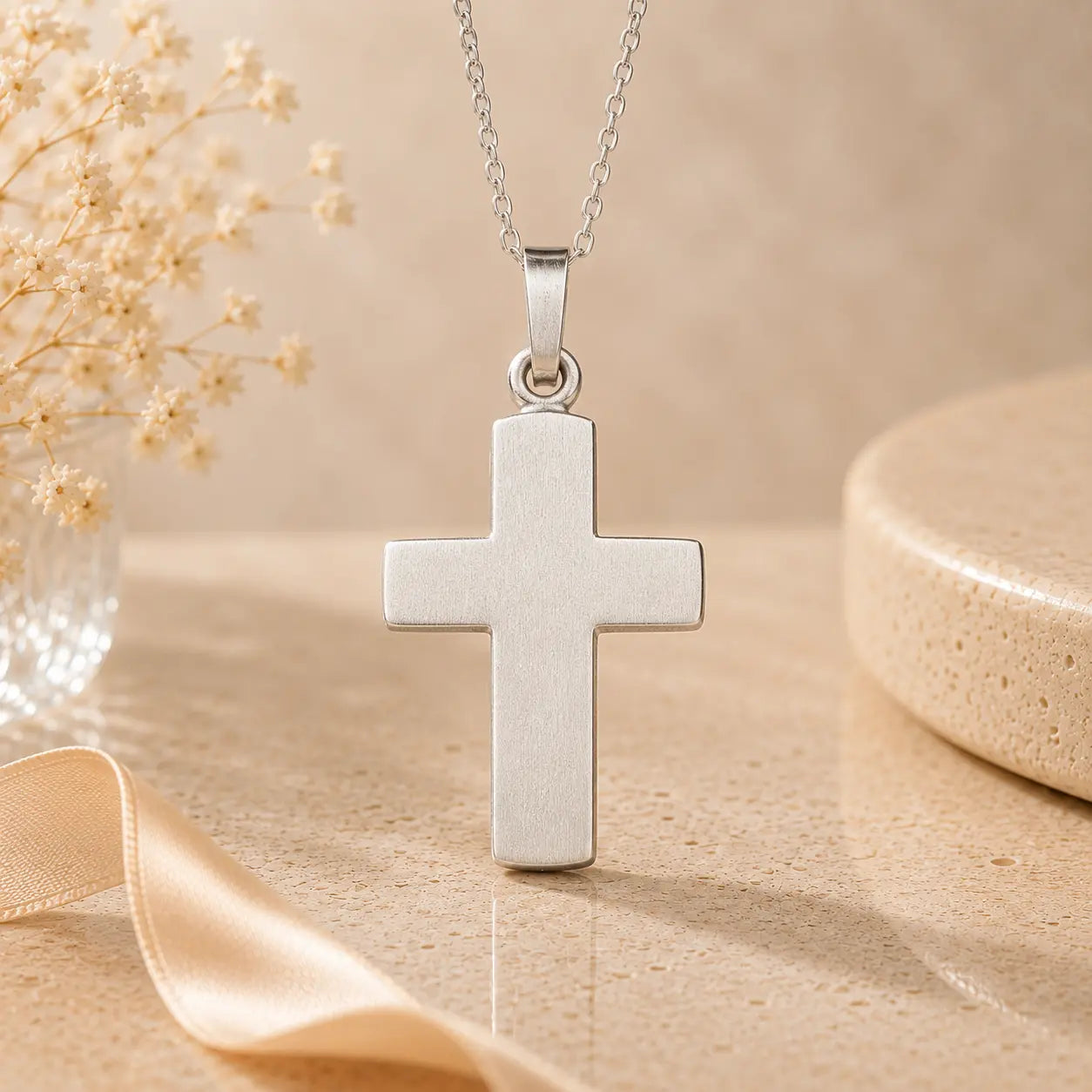Kreuz Anhänger Damen 925 Sterling Silber weißer Lack - gravierbar mit optionaler Ankerkette 45cm