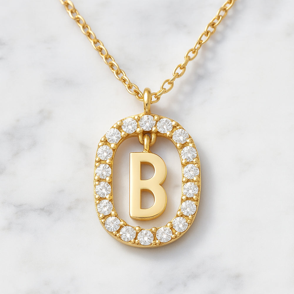 Damen Buchstaben Anhänger Modeschmuck goldfarben mit Strasskreis 43cm Kette  - verschiedene Buchstaben