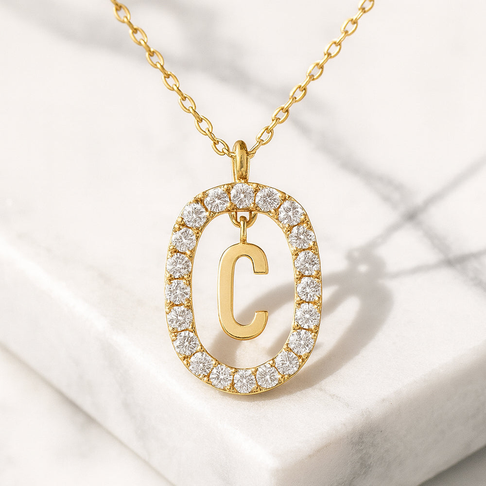 Damen Buchstaben Anhänger Modeschmuck goldfarben mit Strasskreis 43cm Kette  - verschiedene Buchstaben