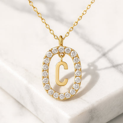 Damen Buchstaben Anhänger Modeschmuck goldfarben mit Strasskreis 43cm Kette  - verschiedene Buchstaben