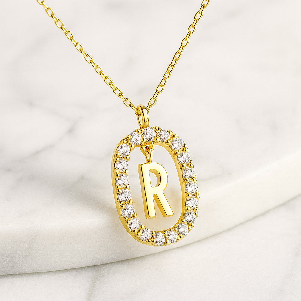 Damen Buchstaben Anhänger Modeschmuck goldfarben mit Strasskreis 43cm Kette  - verschiedene Buchstaben