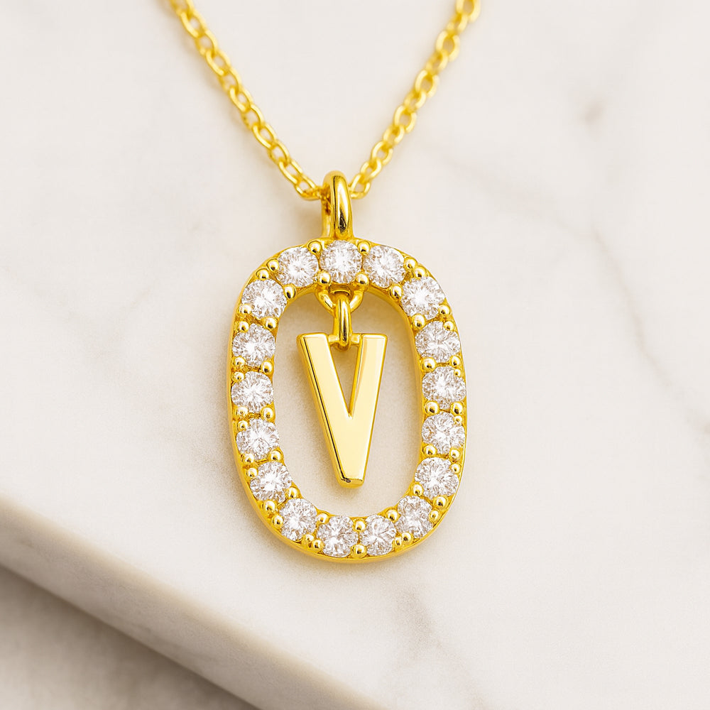 Damen Buchstaben Anhänger Modeschmuck goldfarben mit Strasskreis 43cm Kette  - verschiedene Buchstaben