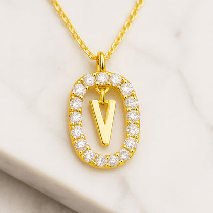 Damen Buchstaben Anhänger Modeschmuck goldfarben mit Strasskreis 43cm Kette  - verschiedene Buchstaben