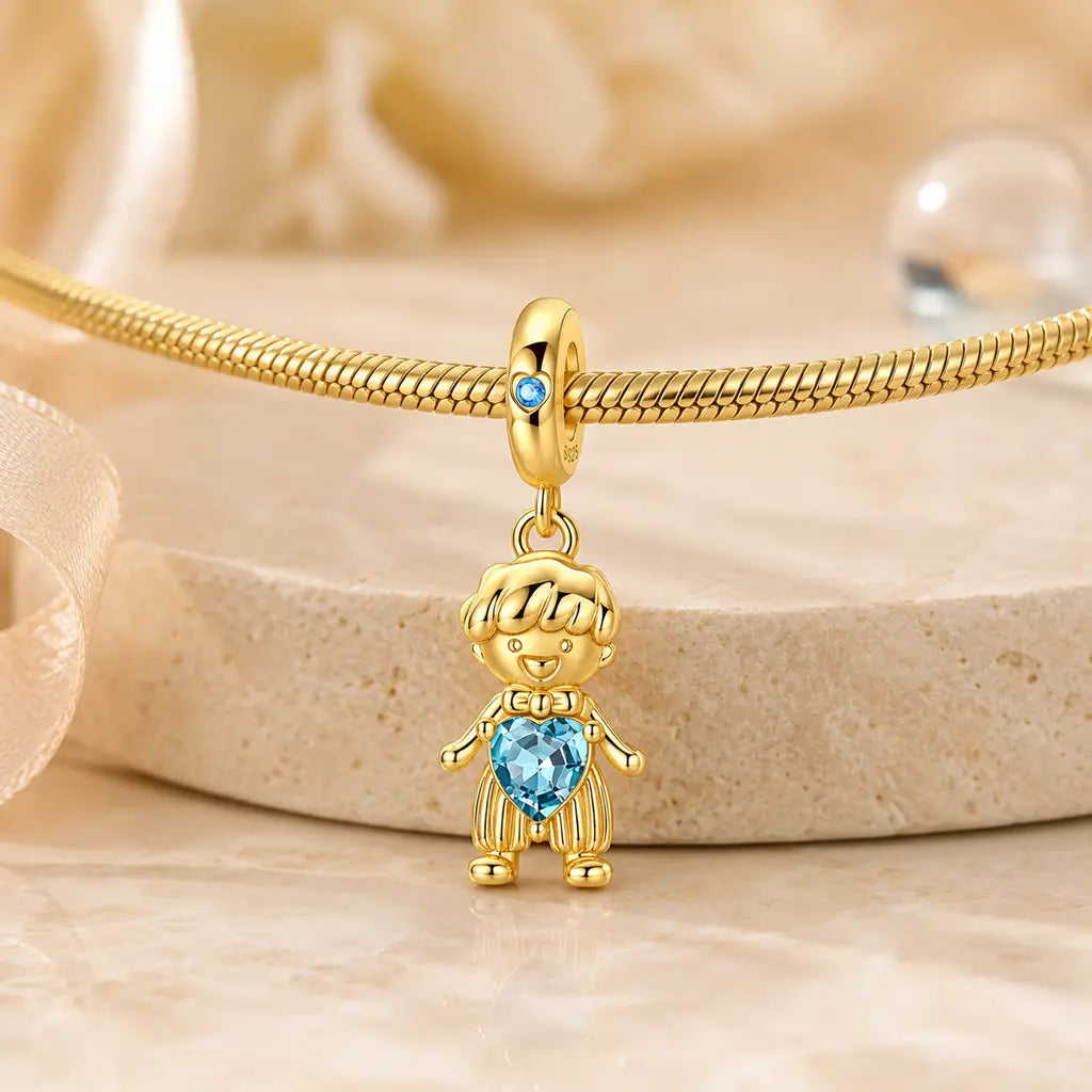 Charm 925 Sterling Silber vergoldet Junge/Mädchen mit Zirkonia  - optional mit Charmarmband