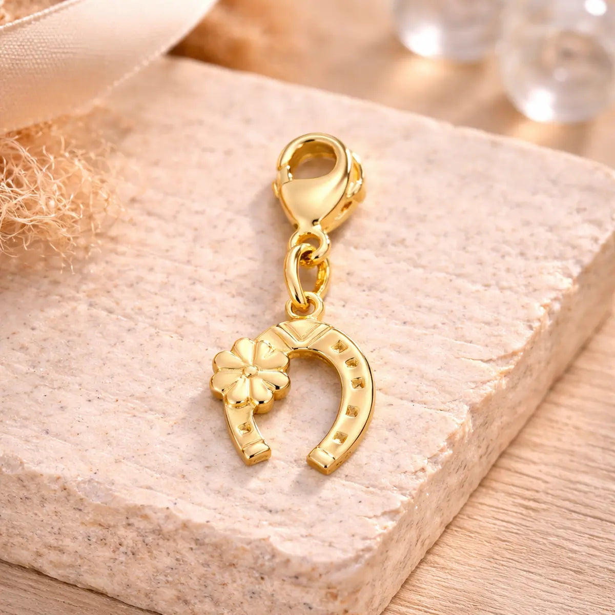 Charm Damen 925 Sterling Silber - vergoldet oder rhodiniert - Hufeisen Kleeblatt 24mm