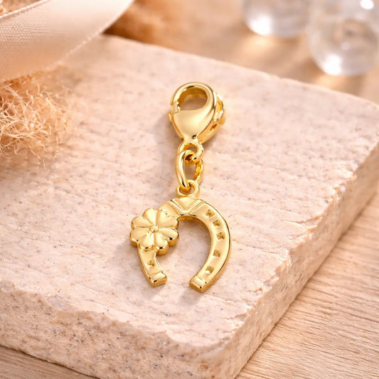 Charm Damen 925 Sterling Silber - vergoldet oder rhodiniert - Hufeisen Kleeblatt 24mm