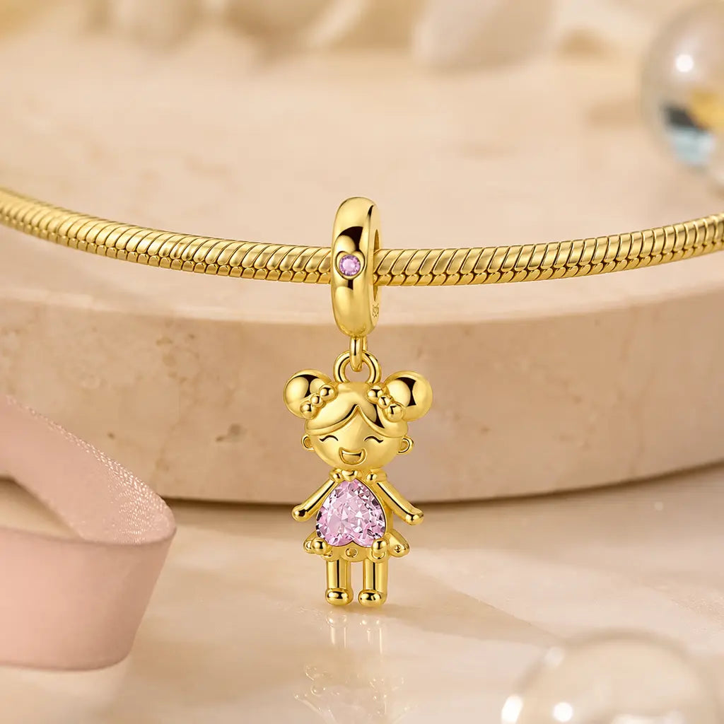 Charm 925 Sterling Silber vergoldet Junge/Mädchen mit Zirkonia  - optional mit Charmarmband