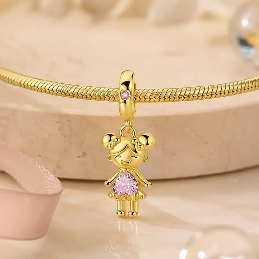Charm 925 Sterling Silber vergoldet Junge/Mädchen mit Zirkonia  - optional mit Charmarmband