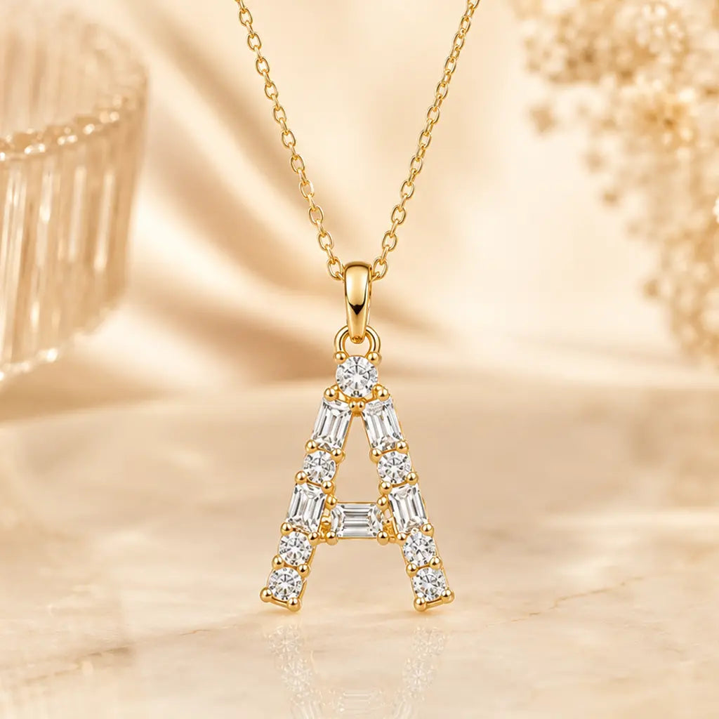 Buchstabencollier Damen 925 Sterling Silber vergoldet Zirkonia Baguette Cut - Mit Kette 45cm