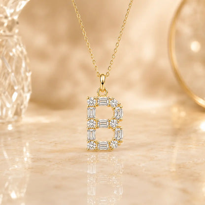 Buchstabencollier Damen 925 Sterling Silber vergoldet Zirkonia Baguette Cut - Mit Kette 45cm