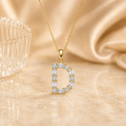 Buchstabencollier Damen 925 Sterling Silber vergoldet Zirkonia Baguette Cut - Mit Kette 45cm