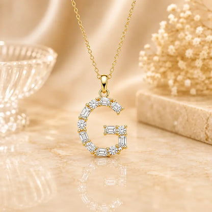 Buchstabencollier Damen 925 Sterling Silber vergoldet Zirkonia Baguette Cut - Mit Kette 45cm