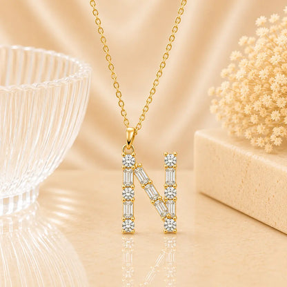 Buchstabencollier Damen 925 Sterling Silber vergoldet Zirkonia Baguette Cut - Mit Kette 45cm