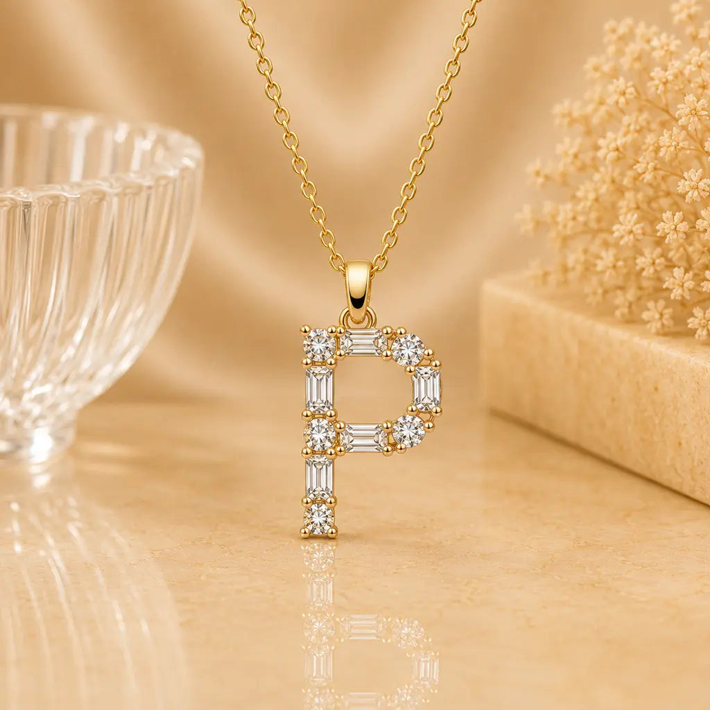 Buchstabencollier Damen 925 Sterling Silber vergoldet Zirkonia Baguette Cut - Mit Kette 45cm