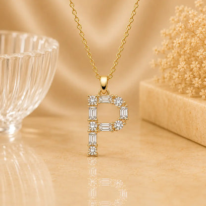 Buchstabencollier Damen 925 Sterling Silber vergoldet Zirkonia Baguette Cut - Mit Kette 45cm
