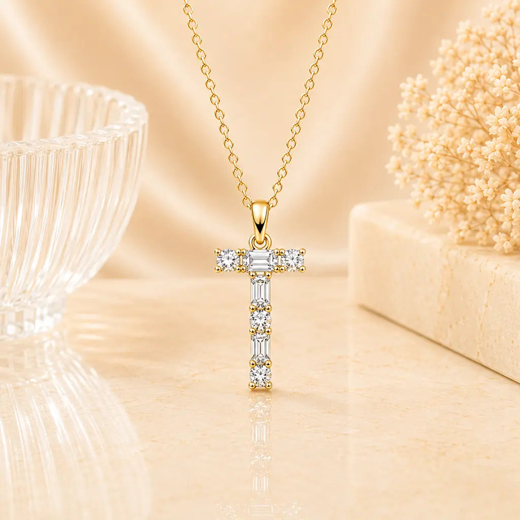 Buchstabencollier Damen 925 Sterling Silber vergoldet Zirkonia Baguette Cut - Mit Kette 45cm