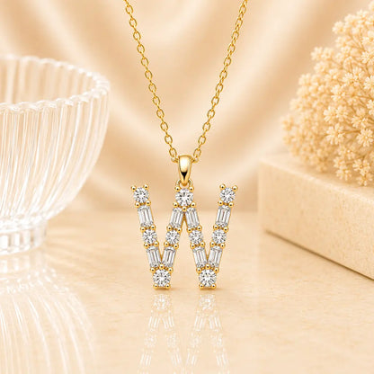 Buchstabencollier Damen 925 Sterling Silber vergoldet Zirkonia Baguette Cut - Mit Kette 45cm
