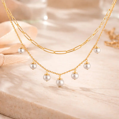 Collier Damen 2-reihig 925 Sterling Silber vergoldet Gliederkette Perlen Layering 45–48cm