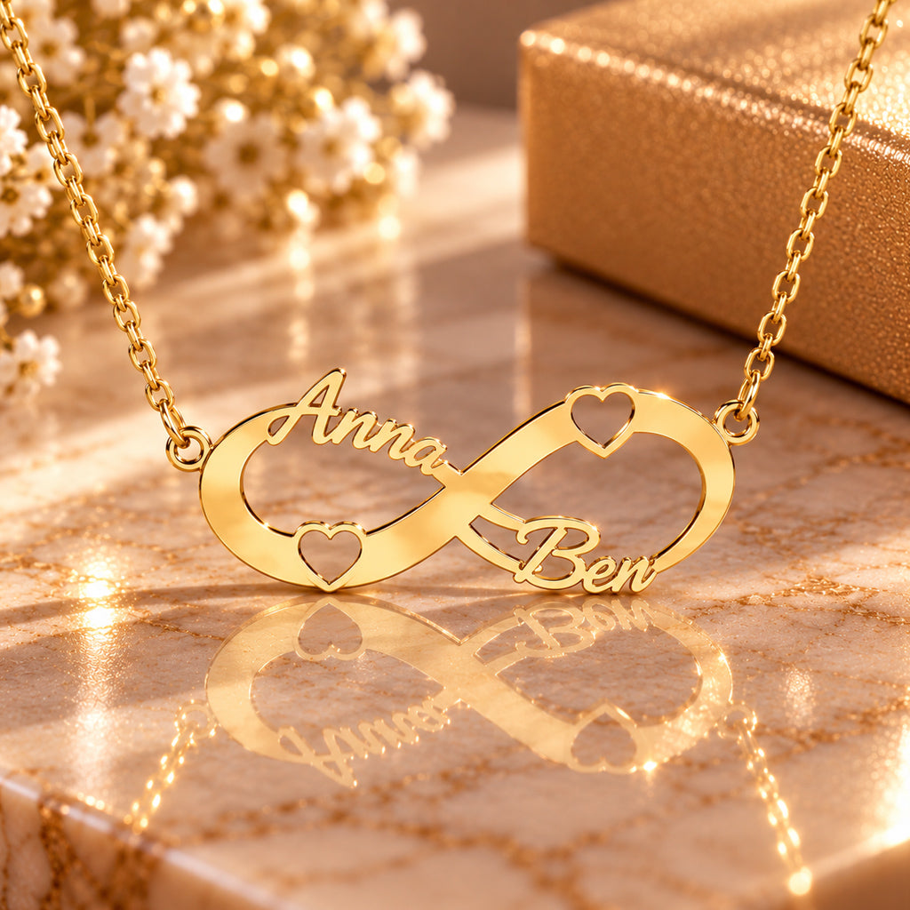 Infinity Namenskette mit Herzchen - 925 Sterling Silber - Silber | Vergoldet | Rosévergoldet mit 2 Wunschname