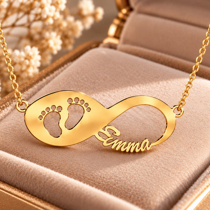Infinity Namenskette mit Babyfüße - 925 Sterling Silber - Silber | Vergoldet | Rosévergoldet mit Wunschname