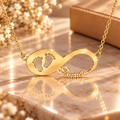 Infinity Namenskette mit Babyfüße - 925 Sterling Silber - Silber | Vergoldet | Rosévergoldet mit Wunschname