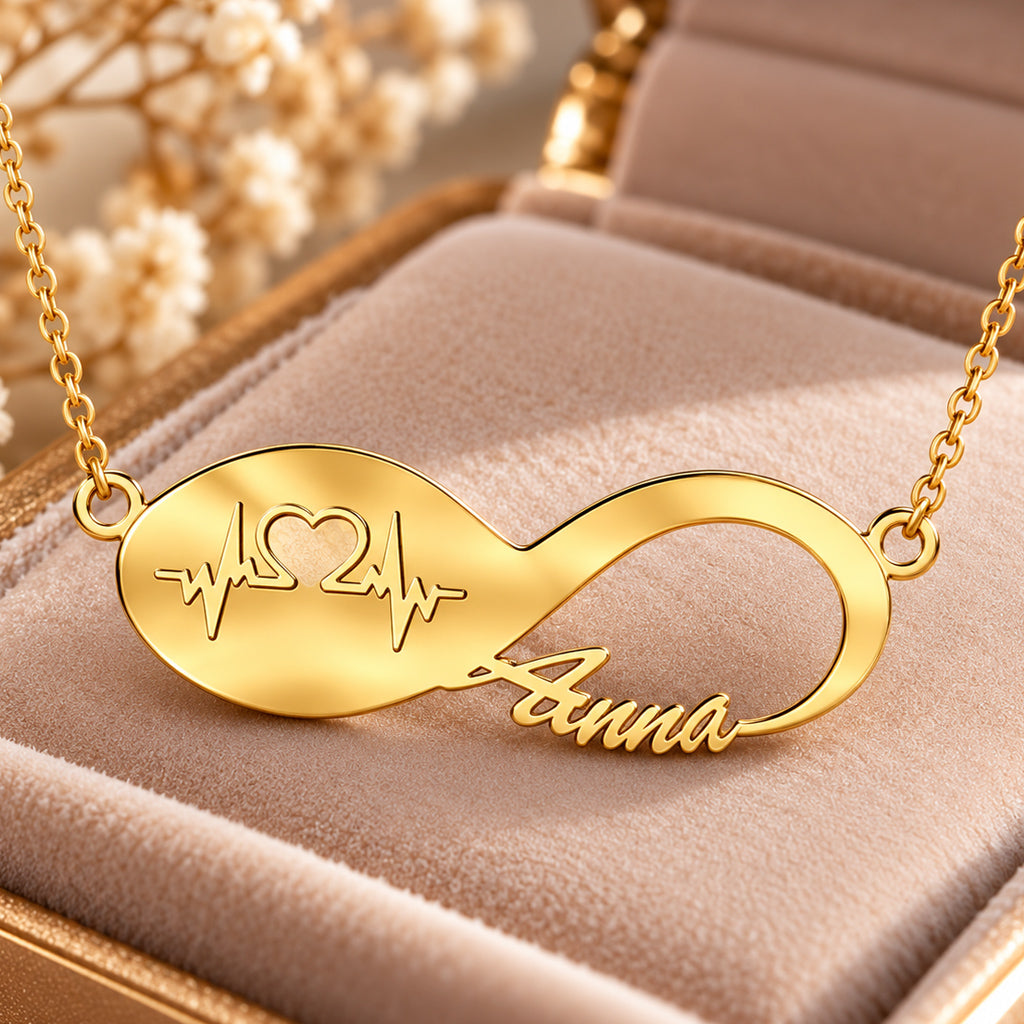 Infinity Namenskette mit Herzschlag - 925 Sterling Silber - Silber | Vergoldet | Rosévergoldet mit Wunschname