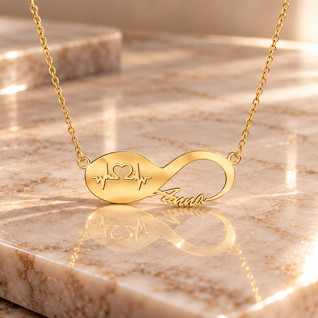 Infinity Namenskette mit Herzschlag - 925 Sterling Silber - Silber | Vergoldet | Rosévergoldet mit Wunschname