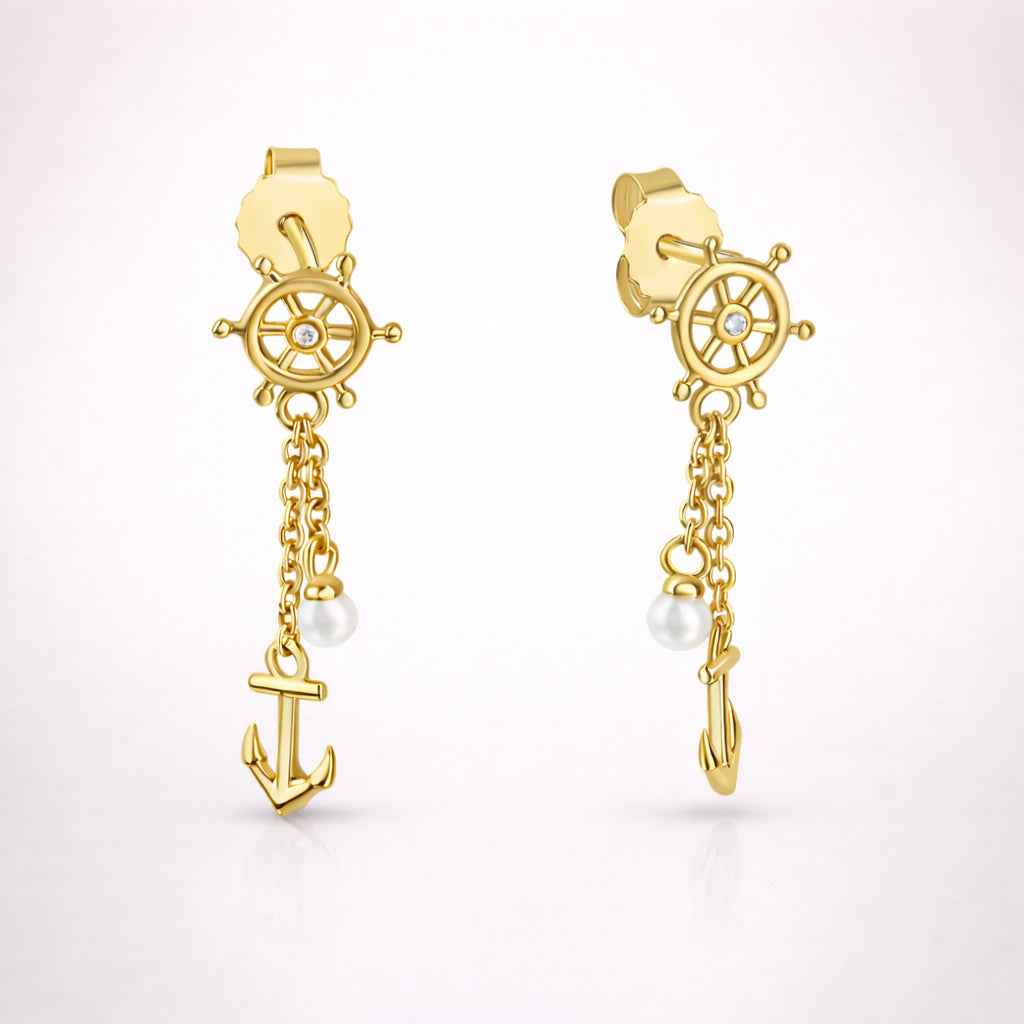 Damen Ohrstecker 925 Sterling Silber vergoldet Anker & Steuerrad mit Zirkonia & Perle - 2,6cm