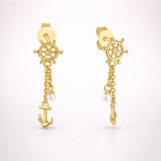 Damen Ohrstecker 925 Sterling Silber vergoldet Anker & Steuerrad mit Zirkonia & Perle - 2,6cm