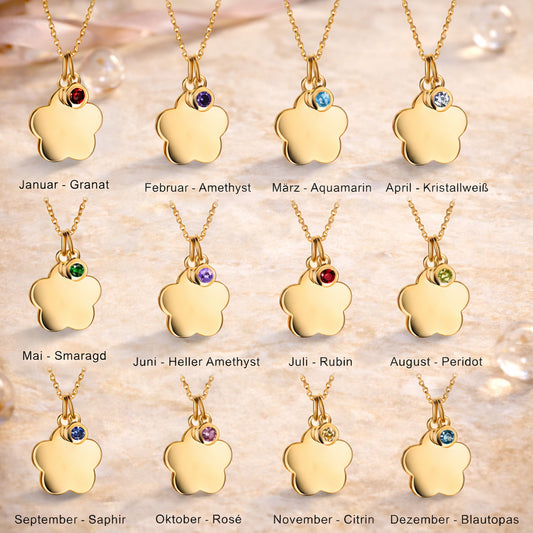 Halskette mit Anhänger aus 925er Sterling Silber, Geburtsstein mit Gravurplatte "Blume" - vergoldet