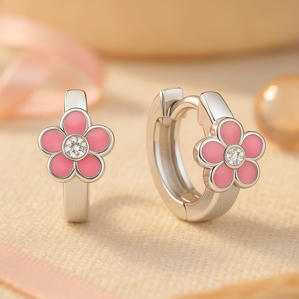 Silberne Kinderohrringe mit rosa Blumenanhängern und funkelndem Kristall, hypoallergen & nickelfrei; süßer Blüten-Kinderschmuck für Mädchen