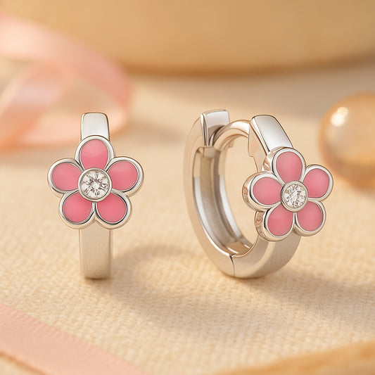 Silberne Kinderohrringe mit rosa Blumenanhängern und funkelndem Kristall, hypoallergen & nickelfrei; süßer Blüten-Kinderschmuck für Mädchen