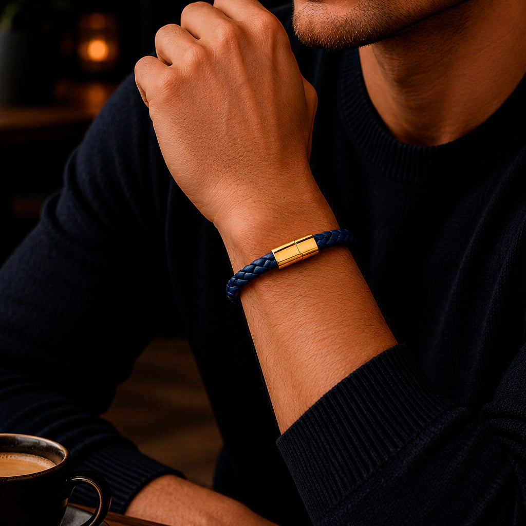 Braid Lock Slim Blue - Schmales Lederarmband für Herren | Edelstahl Magnetverschluss