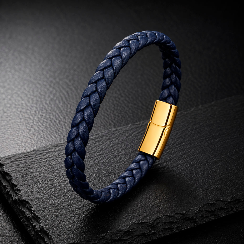 Braid Lock Slim Blue - Schmales Lederarmband für Herren | Edelstahl Magnetverschluss