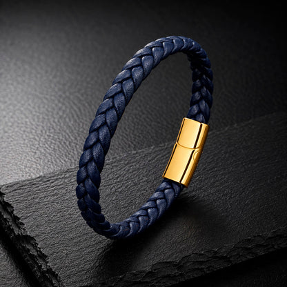 Braid Lock Slim Blue - Schmales Lederarmband für Herren | Edelstahl Magnetverschluss