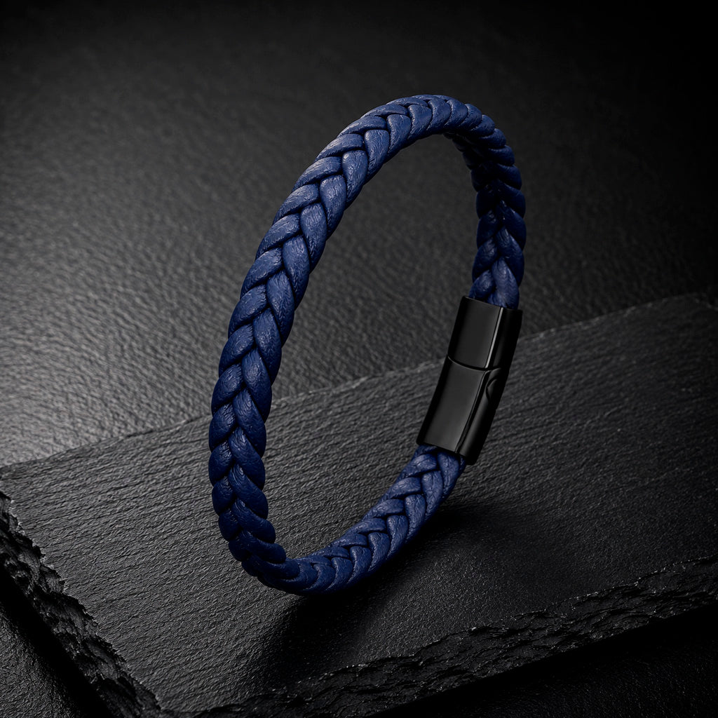 Braid Lock Slim Blue - Schmales Lederarmband für Herren | Edelstahl Magnetverschluss
