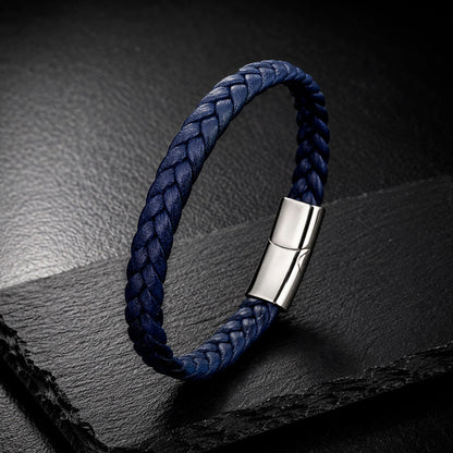 Braid Lock Slim Blue - Schmales Lederarmband für Herren | Edelstahl Magnetverschluss