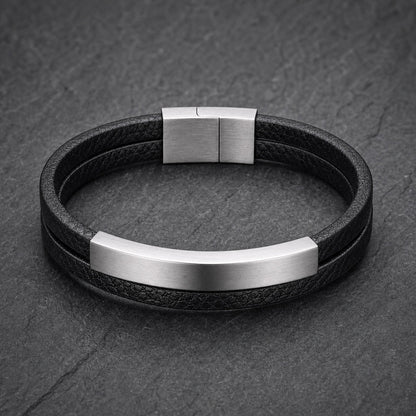 Silver Edge - Lederarmband für Herren gravierbar schwarz | Edelstahl Magnetverschluss
